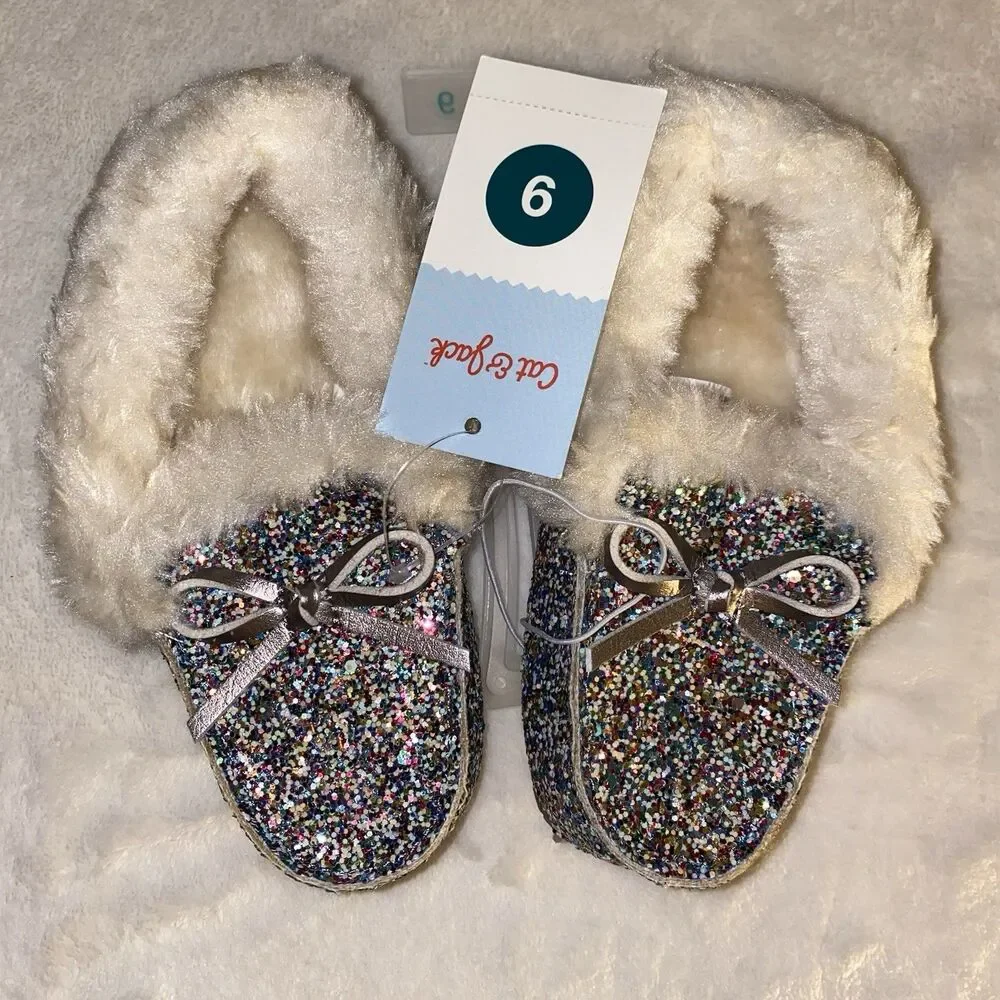 Cat and Jack‎ Moccasins Slippers Slip- On Rainbow Glitter Medora Size 9 NEW!